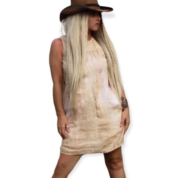 Sleeveless Linen Tea Dye Embroidered Summer Mini Dress - Picture 1 of 4